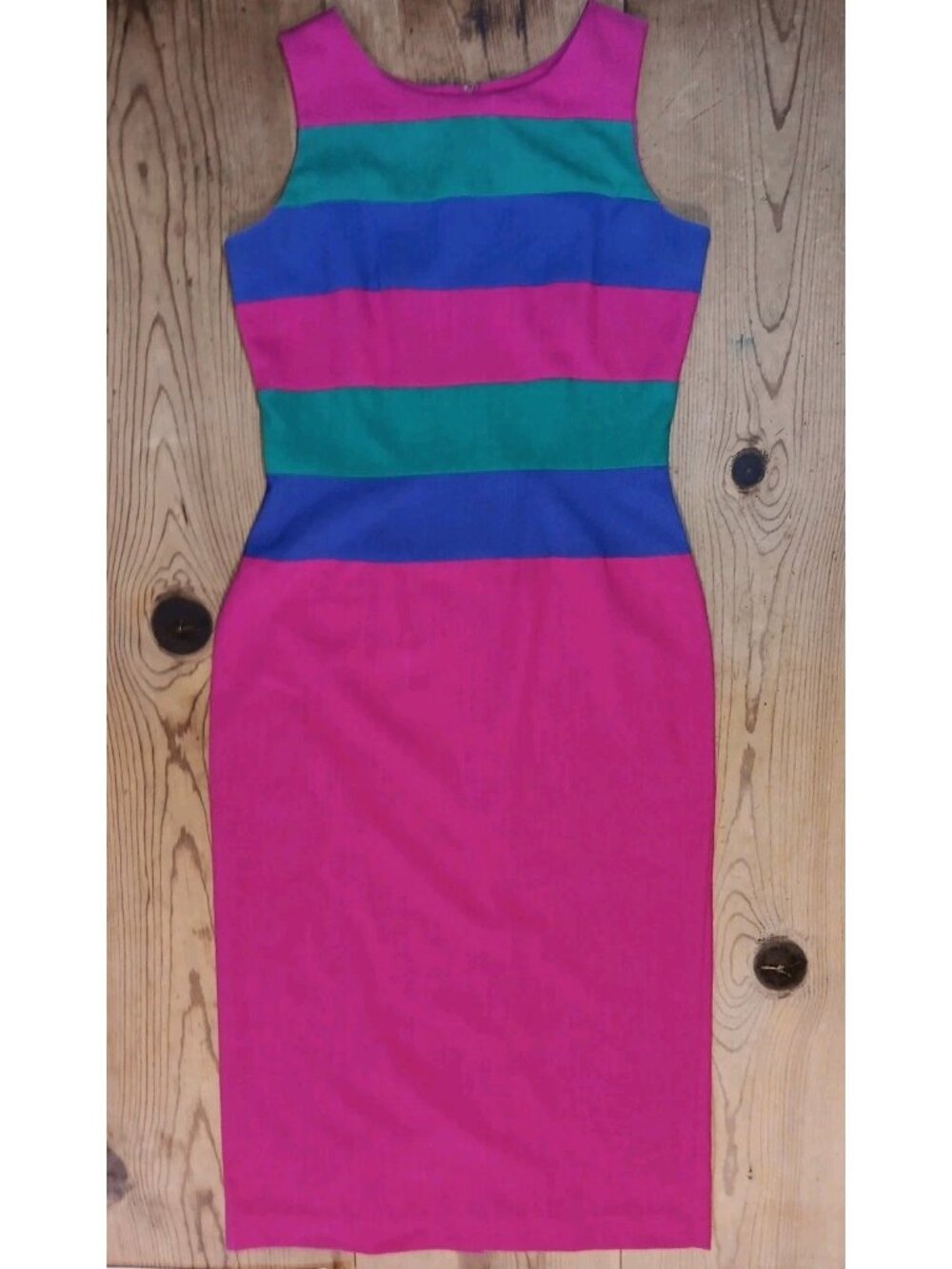 Vtg 1980s Leslie Lucks Maxi Dress Women 10 Bright Colorblock Sleeveless Pencil